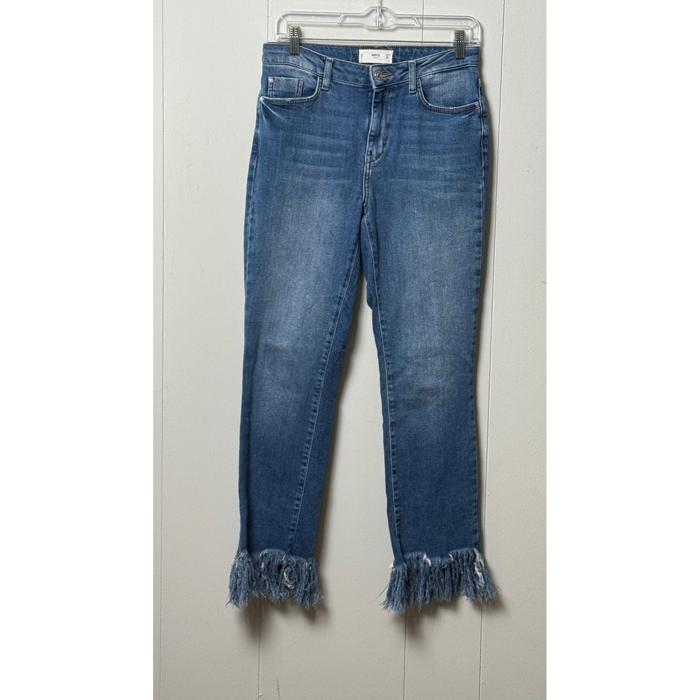 Mango MNG Women's Denim Fringe Hem Jeans Medium Wash Blue Slim Boho Size 4
